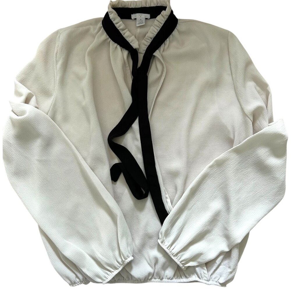 BP WOMEN'S TIE NECK IVORY LONG SLEEVE BLOUSE TOP XS